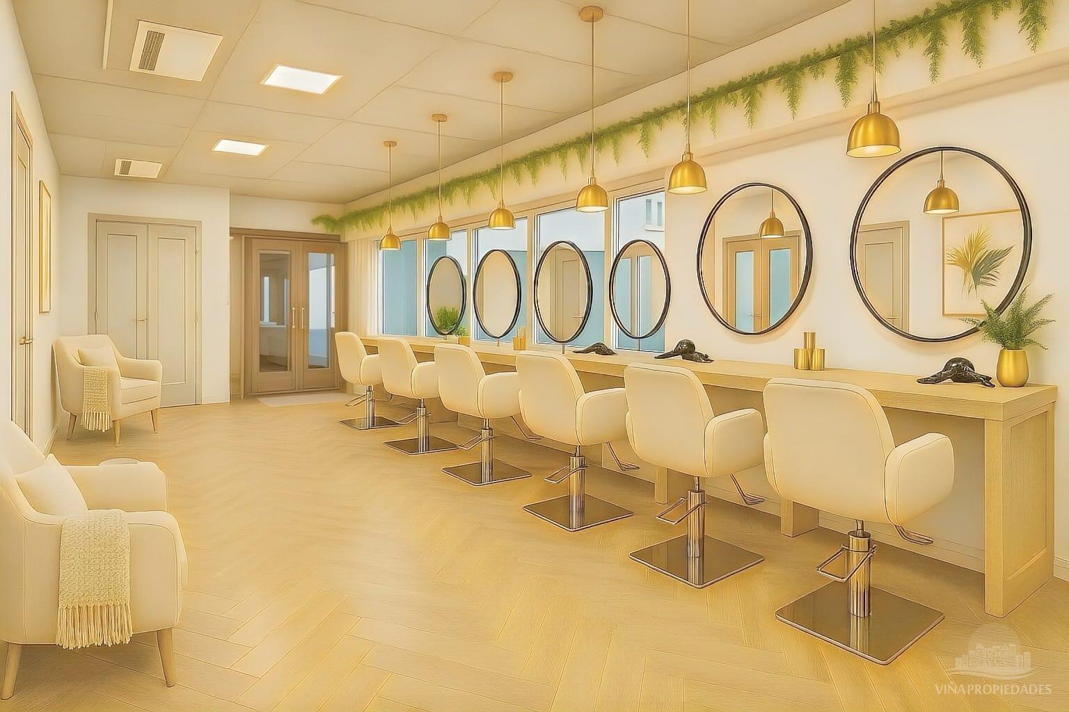 Arriendo centro de belleza premium – 240 m², primer piso, recepción con doble altura, peluquería, manicure/pedicure, 4 salas privadas, jardín y 6 estacionamientos – Bosque Montemar, Concon